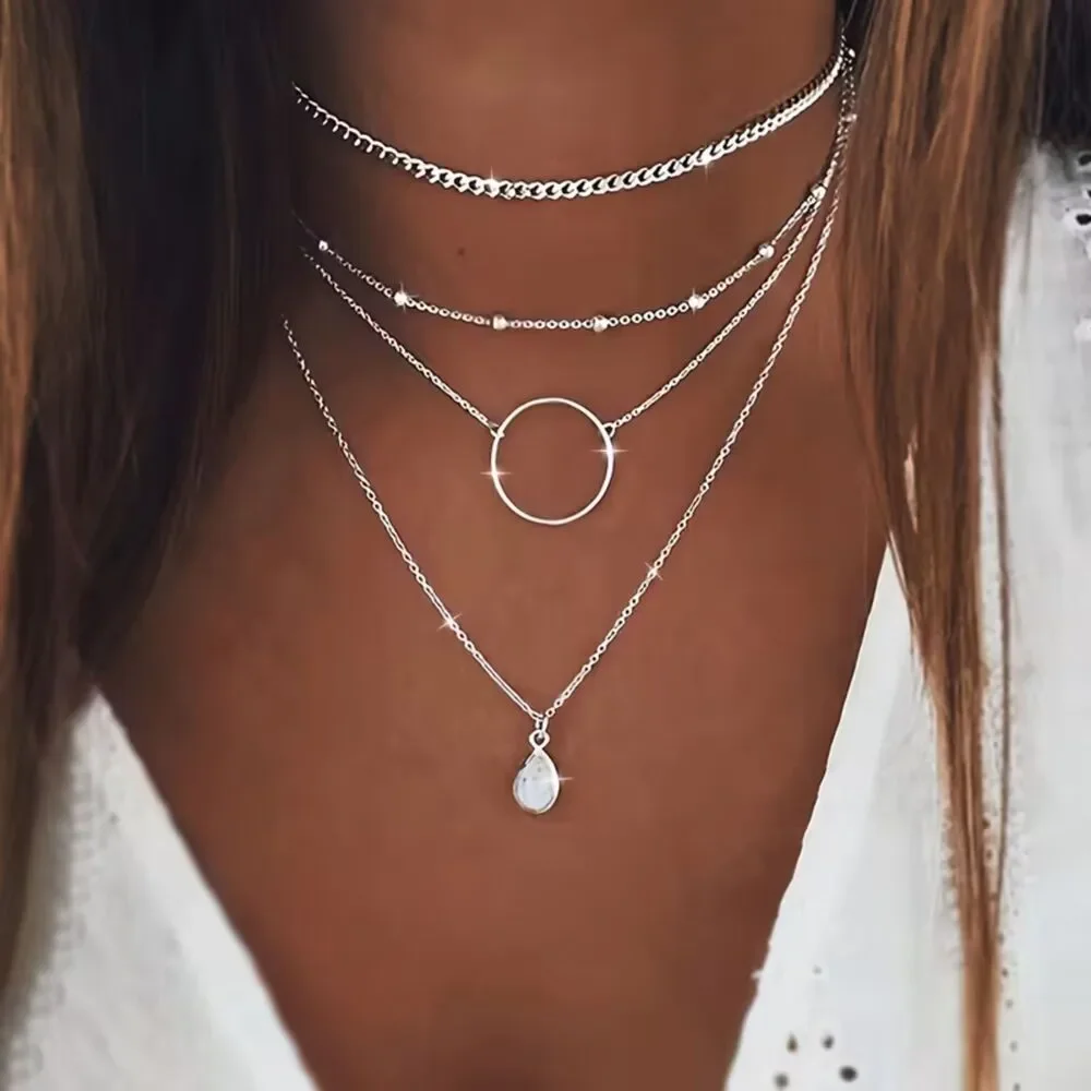 Multi Layer Silver Pendant Chain Necklace Teardrop Crystal Charm Collar Choker